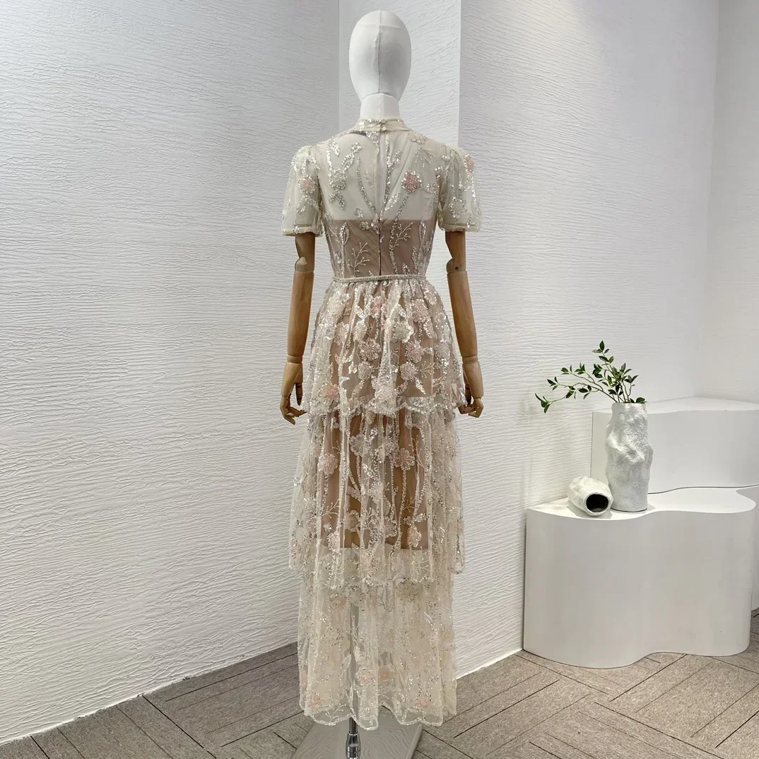 Graceful Women Sequined Stacked Midi Dress Nude Floral Embroiidery Stacked Ruched Lace Patchwork Dress High Quality for Party