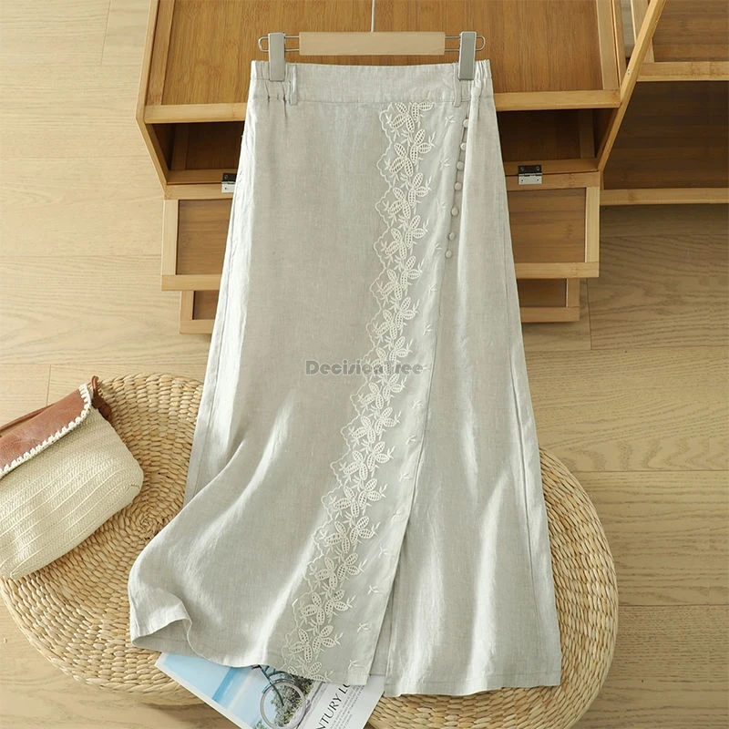 

2025 chinese improved style lace cotton linen half long skirt slit elastic waist elegant loose style women tang suit half skirt