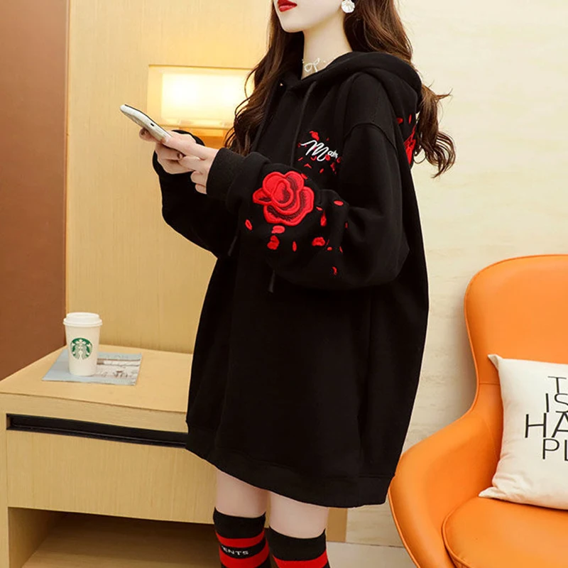 Autumn Embroidery Warm Hoodie Sweatshirt Women New Loose Coat Sweatshirt Outwear Hoodies Tops Clothes Hooded Tops Elegant Female