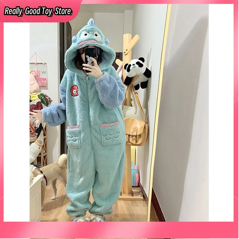 Cotton Coral Fleece One-Piece Pajamas Autumn Winter Clown Fish Hanton Shark Strap Bear Adult Warm Home Nightgown Lovers Pajamas