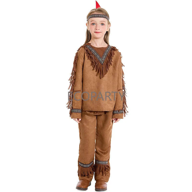 2024 Girls Boys Wild Man Halloween Cosplay Costume Indians Carnival Party Hunter Role Play Outfit Kids Unisex Fancy Dress Up