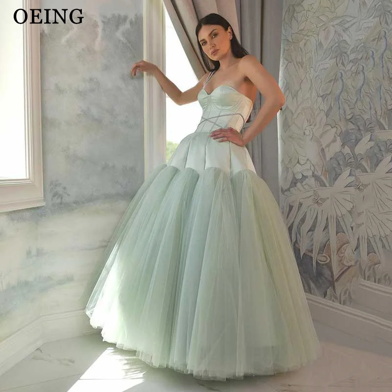 

OEING Elegant Mint Long Ball Gowns Strapless Organza Spaghetti Strap Ruffles Prom Gowns Formal Occasion Wedding Party Dress