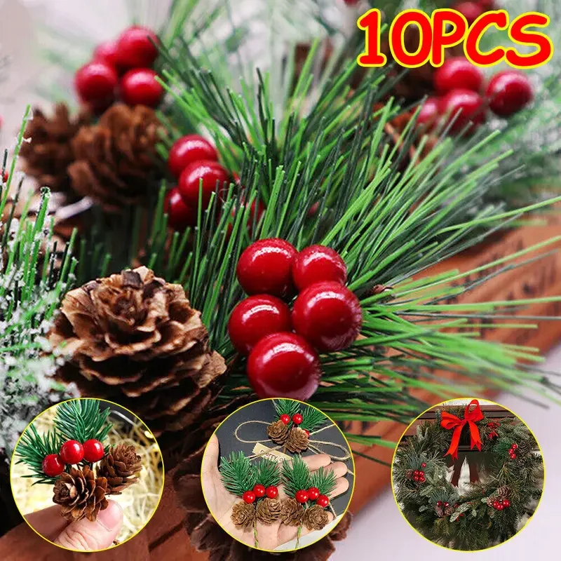 10 ชิ้นคริสต์มาสประดิษฐ์ดอกไม้สีแดง Berry Pine Cone Holly Xmas Party Decor