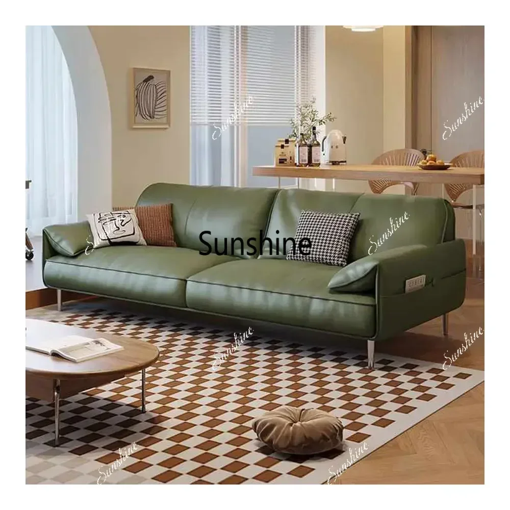 Italian Minimalist Leather Living Room Sofas Luxury High-end Retro Straight Row Elephant Ears SofaT*