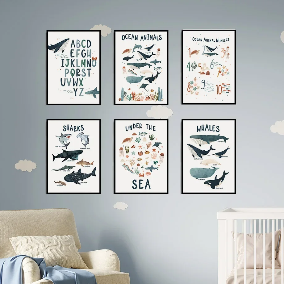 Whale Shark Ocean Animal Numbers Alphabet Under The Sea Nursery Print Poster Wall Art Canvas Painting Pictures Kids Room Decor