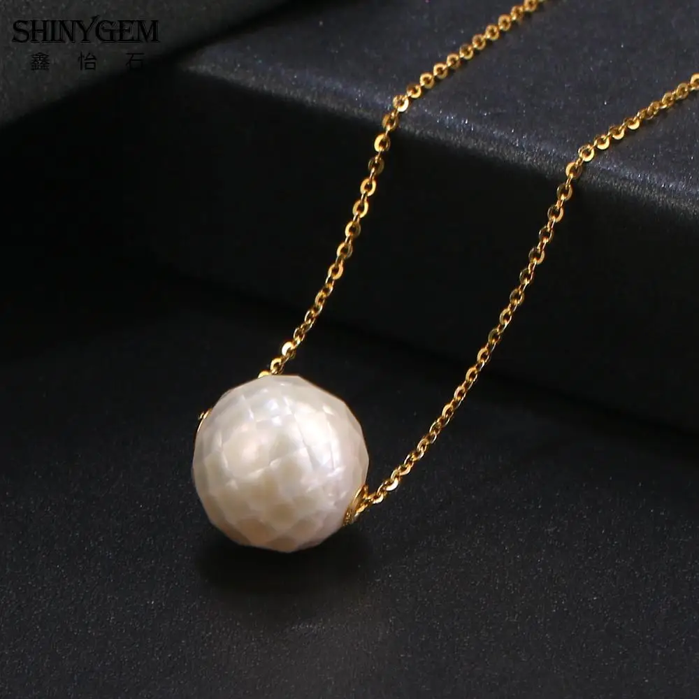 

SHINYGEM Edison Natural Freshwater Round Pearls with Cores Irregular Shaped Cut Surfaces 925 Silver Chain Valentine Gifts