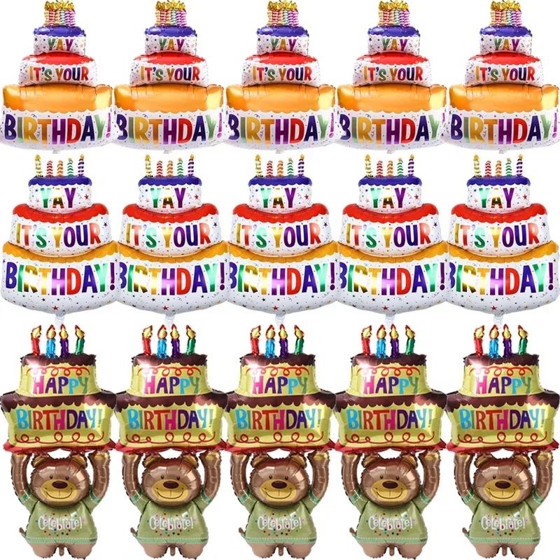 Birthday Cake Balloons 3-Layer Large Color Candle Foil Balloon Cartoon Bear Globos for Baby Shower Party Decor Kids Gifts