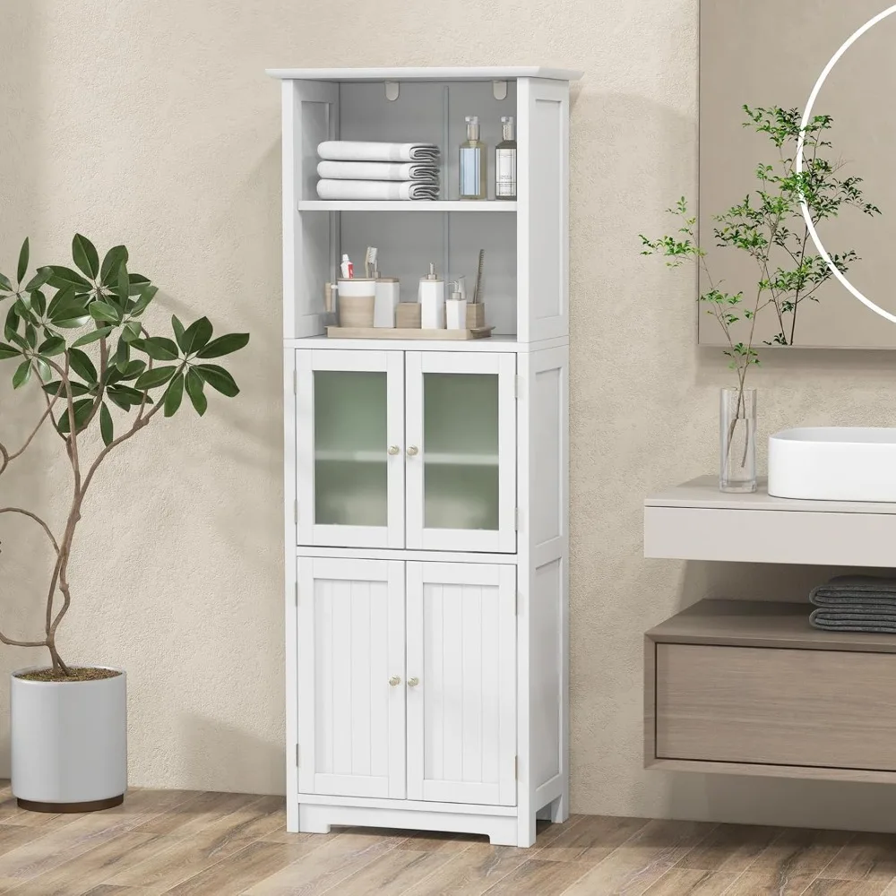 

Tall Bathroom Storage Cabinet, Freestanding Kitchen Pantry Cabinet with Glass Doors and Adjustable Shelf, Customized