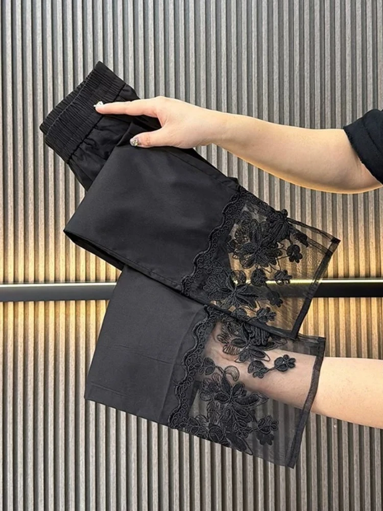 Pants Spring Summer Black Lace Patchwork Cropped Casual Lightweight Slimming Versatile Elastic Waist Straight Leg Trousers