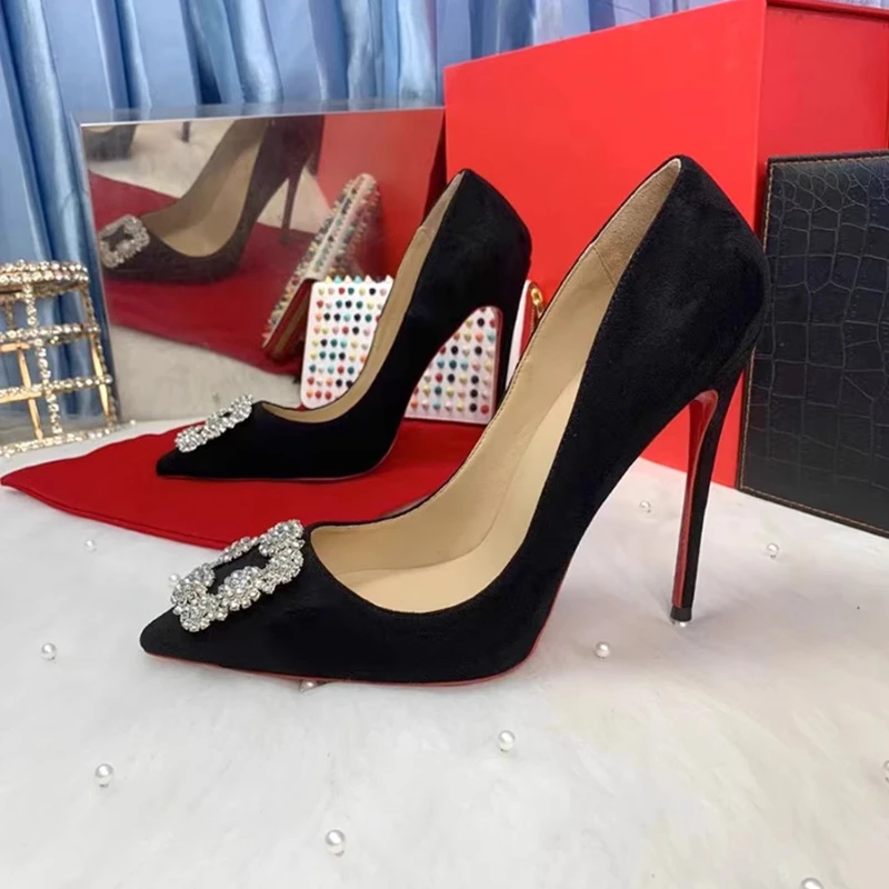 

Diamond pointed black suede temperament goddess versatile shallow mouth slim heel 12cm size super high heels single shoe
