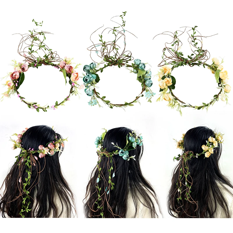 Bride Flower Crown Hairband Rose Flower Wreath Hair Hoop Fairy Aura Headwear Wedding Decoration Garland Girl Decor Accessories