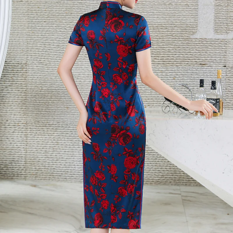 Mandarin Collar Chinese Style Vintage Button Dresses Women Print Flower Cheongsam Short Sleeve Qipao Sexy Silk Vestidos