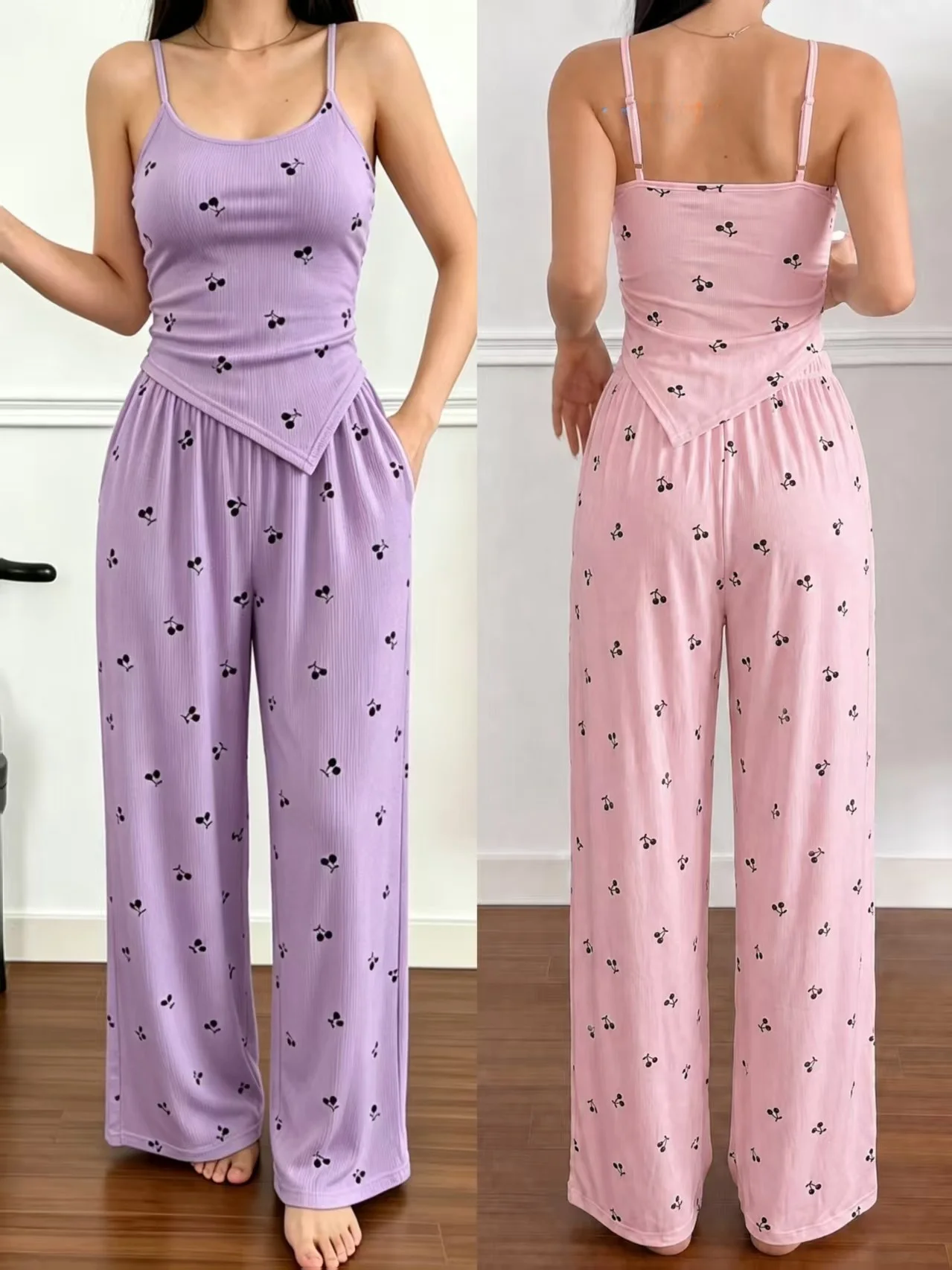 

Printed Asymmetrical Strap Vest High Waist Long Pants Home Wear Set Comfortable Breathable Summer Sleepwear Casual Style