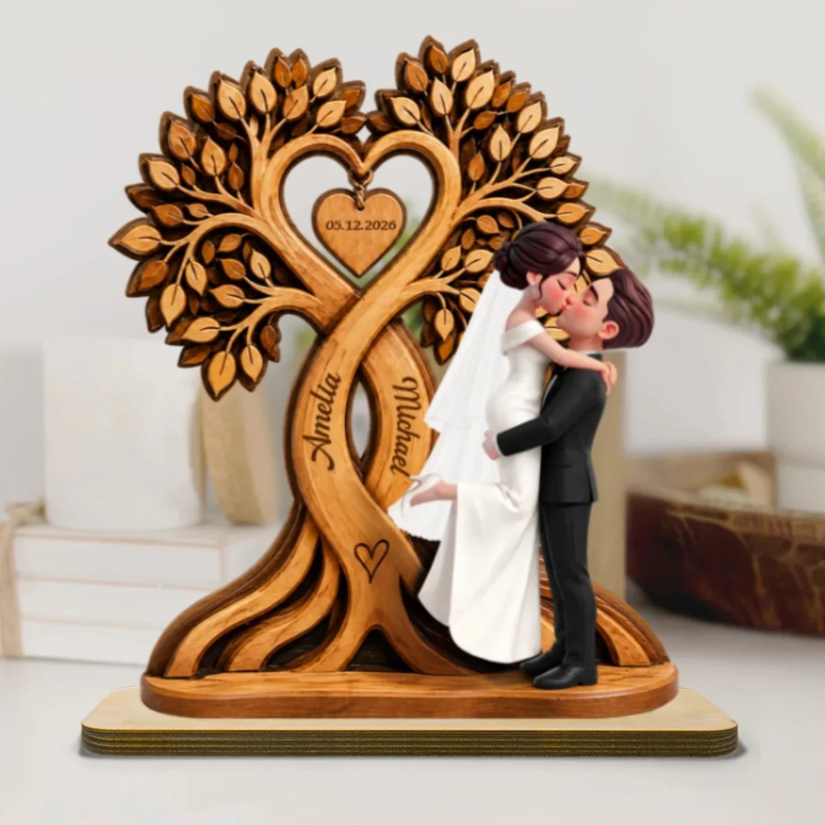 2D Flat Wooden Tree of Life Decor Custom Name Date Heart-Shaped Ring Holder 5.5 8 10 Inch Wedding Anniversary Gift