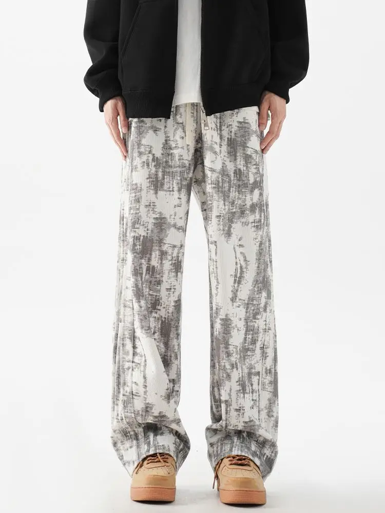 Men's Tie Dye Print Pattern Retro Casual Baggy Dirty Pants Street Style Cool Boy Sweatpants Wide Leg Loose Male Trousers