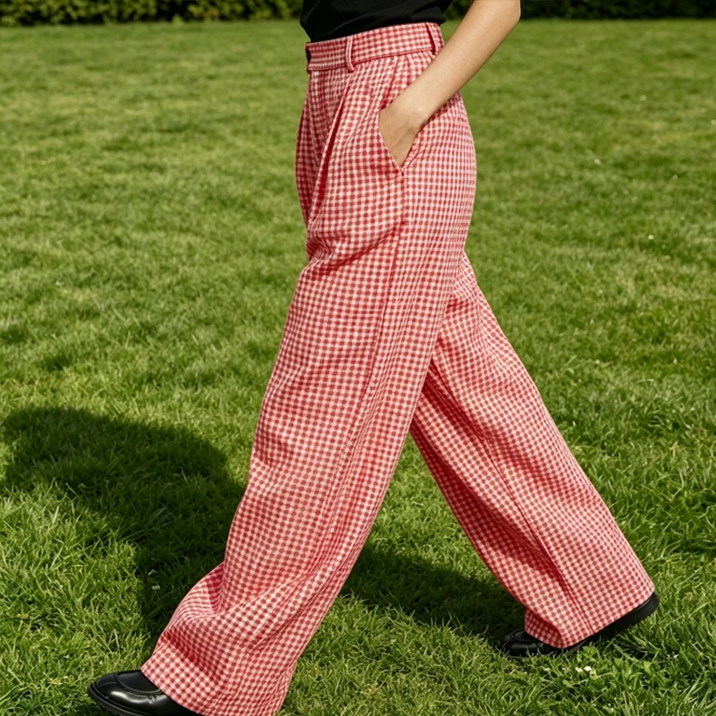 Men's Plaid Wide Leg Pants Loose Fit Cotton Linen Trousers Male Y2K Streetwear Casual Beach Breathable Elastic Waist Pockets view 6