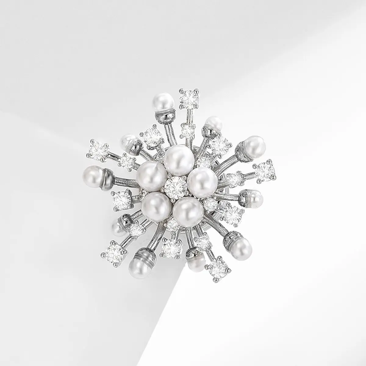 Chinese Style Lucky Auspicious Snowflake Faux Pearl Magnetic Brooch Sparkly Rhinestone Collar Pin Anti Exposure Shirt Clip Women