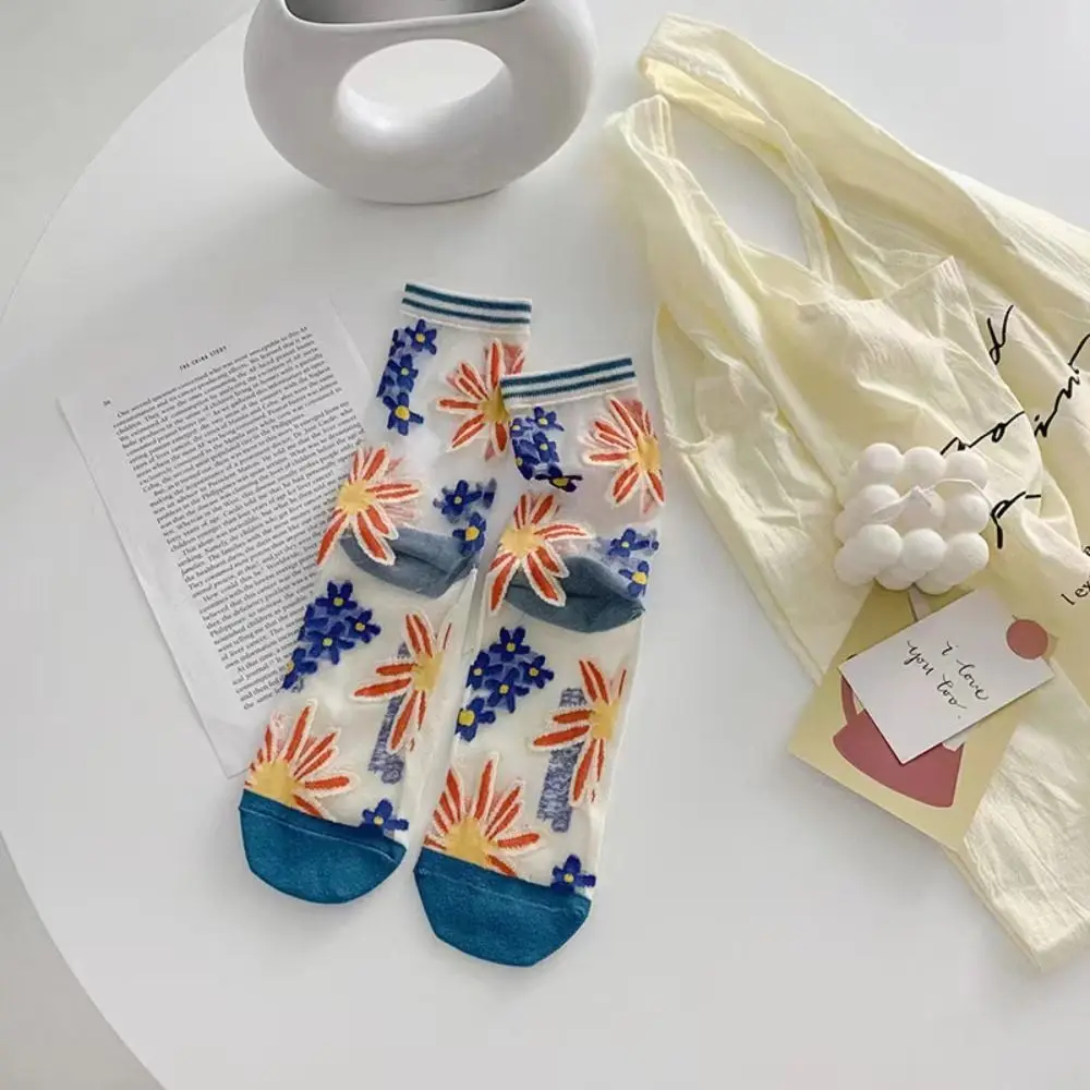 

5Pairs Mesh Transparent Flower Socks Ins Style Breathable Tulle Mid Tube Socks Glass Silk Female Hosiery Sweet Socks Women Girl