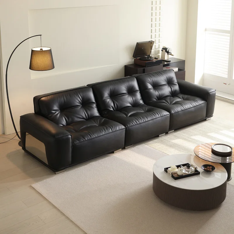 Sofa Living Room Furniture Minimalist Designer Retro Black Genuine Leather Sofa 3 Seat Cowhide Straight Row Sectional