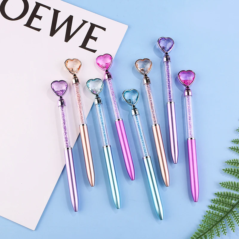 Stylo à bille mignon en forme de cœur et de diamant, coloré, cristal, gemme rotative, gel, fournitures scolaires et de bureau