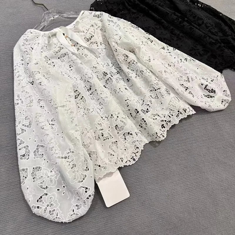 Top Quality Linen Blouse Shirts 2025 Spring Style Women Allover Hollow Out Embroidery Lantern Sleeve Elegant White Black Tops