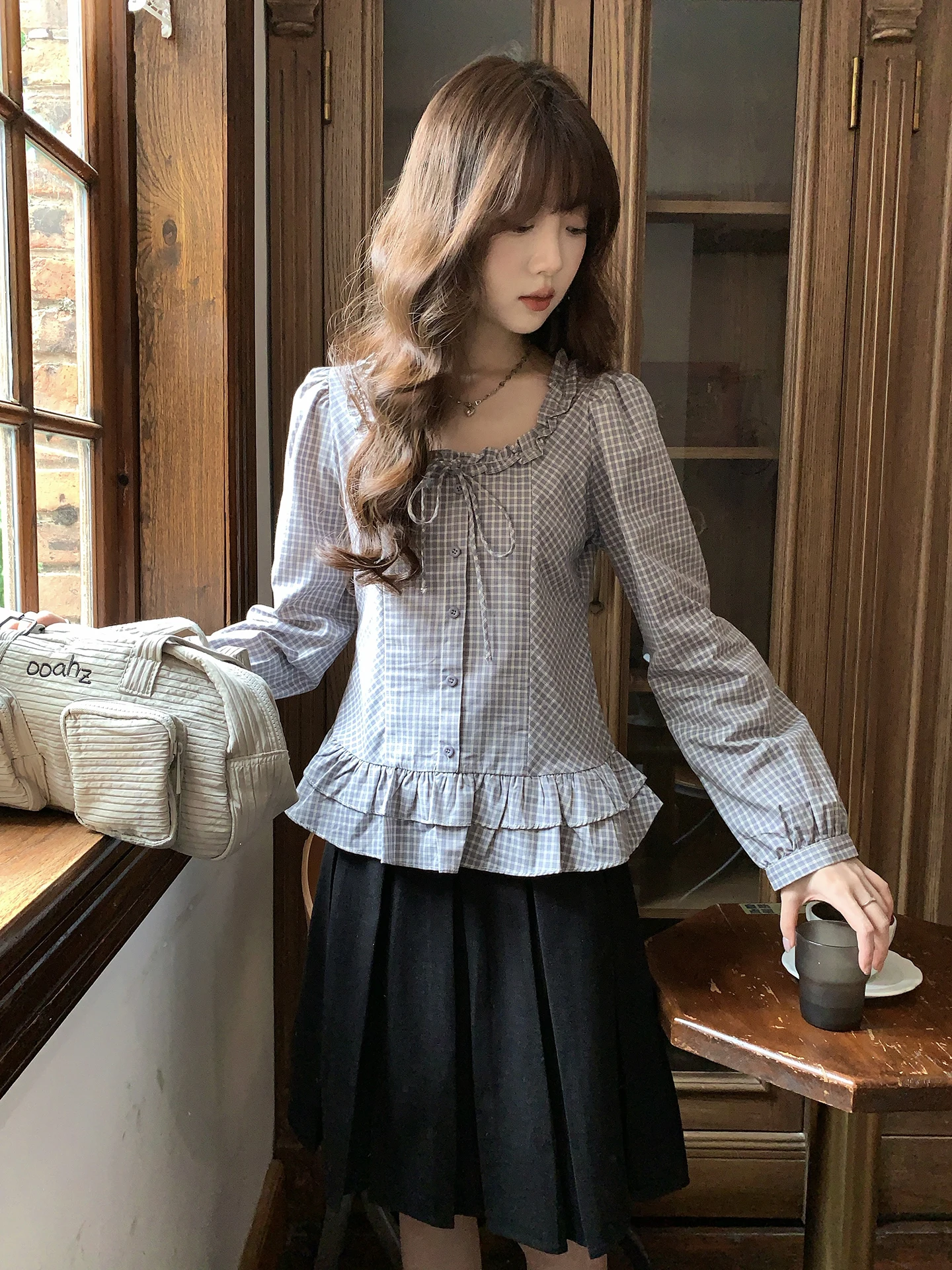 

Holli French Sle Plaid Long Sve U-Ne Women's Top with Lace Trim And Bow Tie Cotton Polyester Autumn New Arrival