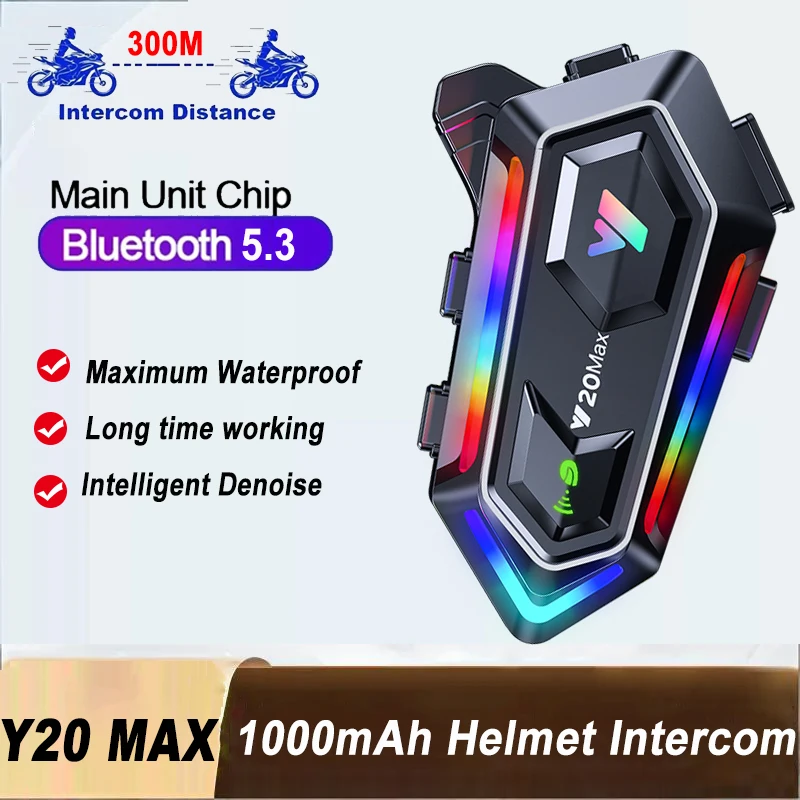 

1/2pcs Y20 Max Wireless Bluetooth 5.3 Motorcycle Helmet Intercom Headset Waterproof 1000mAh Intercomunicador Speaker Interphone