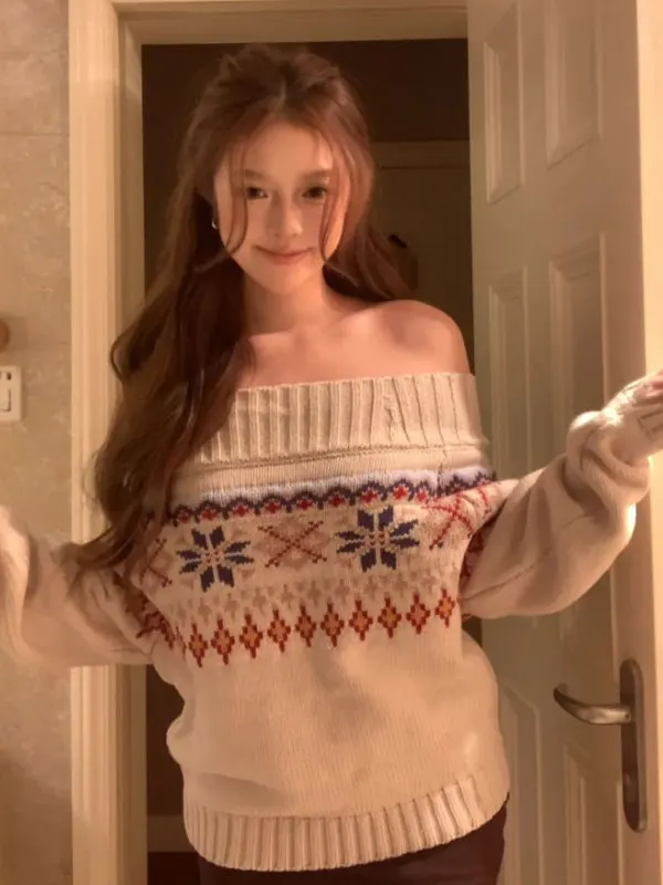 

Ретро-стильный элегантный вязаный топ на одно плечо с узором Fair Isle, женский свитер для весны 2026, приталенный, из хлопка, для повседневной носки