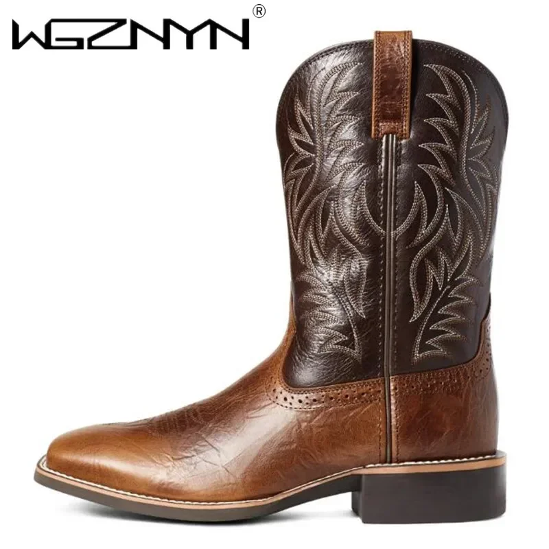 Men High Boots Embroidery Retro Handmade Designer Mens Western Cowboy Pointed Toe Boot Hand Stitching Outdoor Goth Men's Shoes