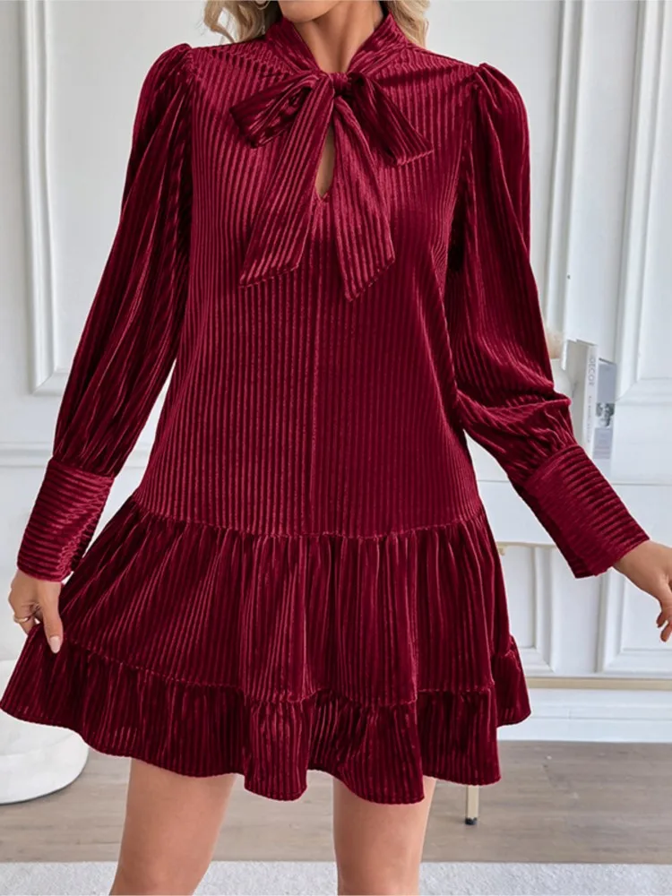 

Dresses 2025 Woman Autumn New Christmas Elegant Vestidos Retro Short Bow Collar Velvet Dress Temperament Simple Style Casual Hot