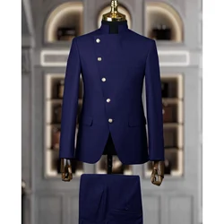 Smoking de casamento estilo indiano masculino, jaqueta gola Stand, blazer de noivo, terno masculino personalizado, azul marinho, conjunto de 2 peças, novo, 2024