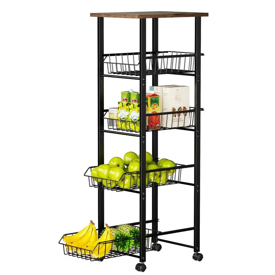 

Корзина для фруктов и овощей для кухни, 5-ярусная тележка-органайзер на колесиках с выдвижными корзинами и деревянной столешницей, для кладовой