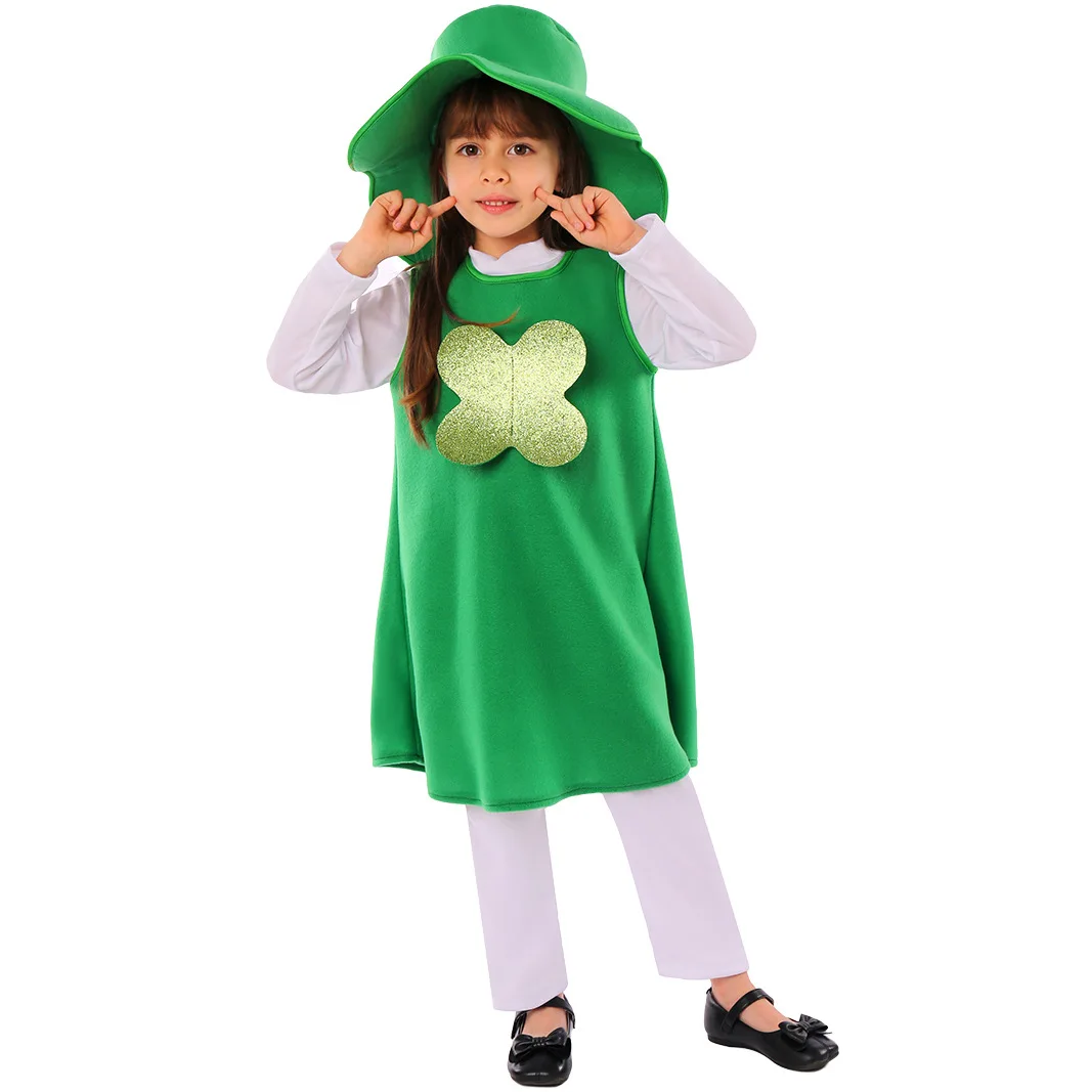

Ireland St. Patrick's Day Four-leaf Clover Dress Children School Festival Party Stage Performance Costume