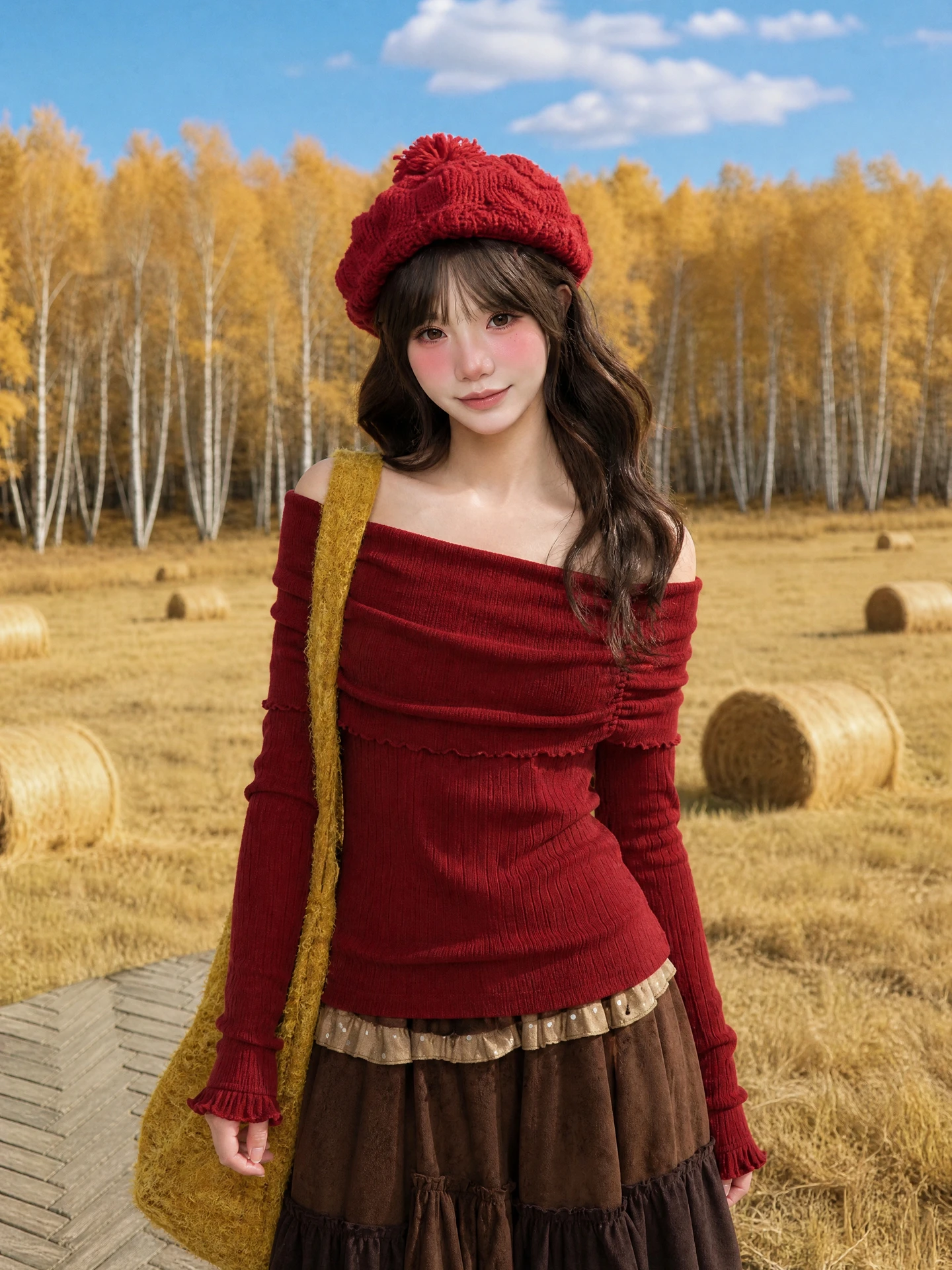 Sweet Style Red Knitted Sweater Women's Shoulder Bared Top for Autumn White Enhancing Long Sleeve Casual Wear Floral Print