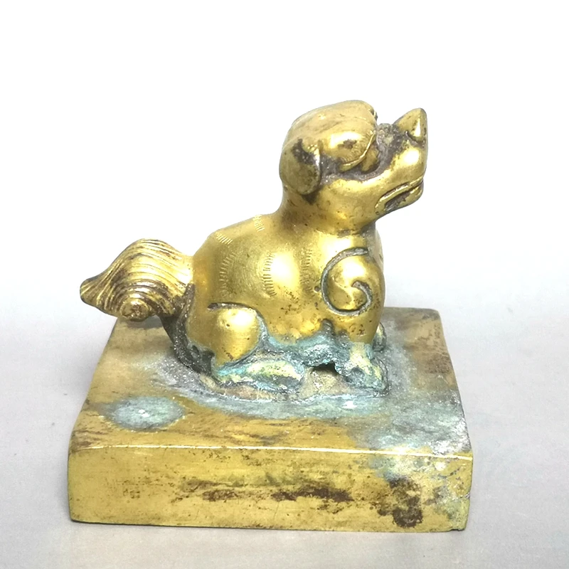 YIZHU CULTUER ART 2.4 inch Old Ancient China official seal Bronze Gilt Carving Animal Lion pug-dog Seal Statue Collection Gift