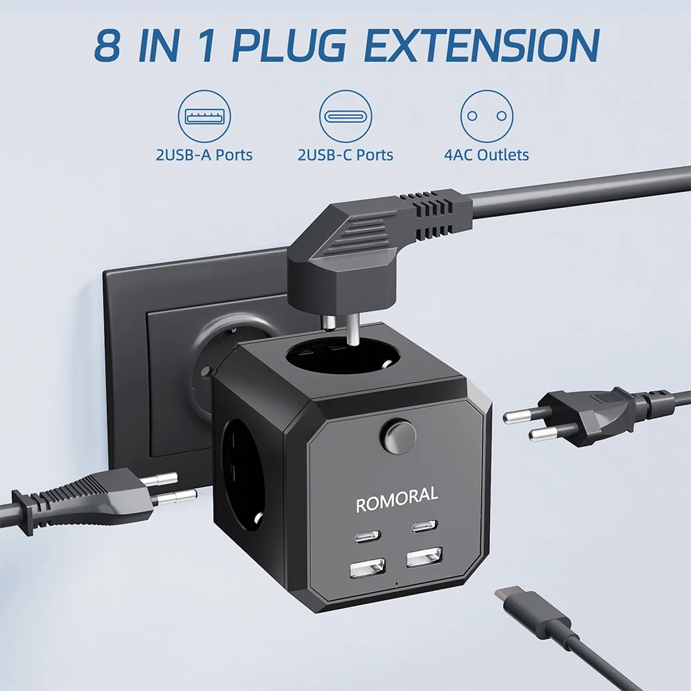 Presa a muro 8 in 1 Extender 2 USB-A porte e 2 USB-C presa intelligente creativa spina convertitore di alimentazione spina europea Speci