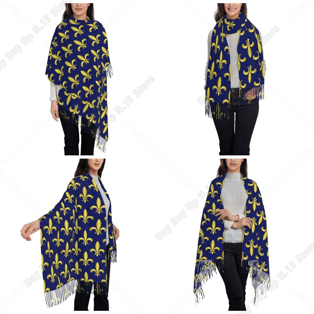 Gold Blue Fleur De Lis Royal Lily Scarf Tassel Scarves for Women Soft Warm Shawls and Wraps Long Fall Winter Shawl Wrap