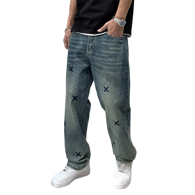 New Embroidered Straight Leg Jeans For Men'S High Street Trendy Retro Loose Casual Versatile Washed Hip-Hop Oversized Denim Pant