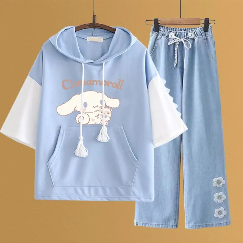 Camiseta de manga curta feminina Cinnamoroll, doce roupa solta, calça casual de pernas largas, estilo universitário, moda infantil, roupa de estudante, nova