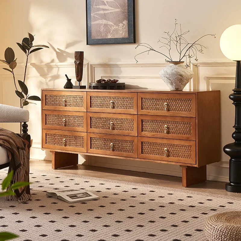 New Chinese style, solid wood chest cabinet, medieval rattan weaving, modern simplicity, ash wood dining side cabinet