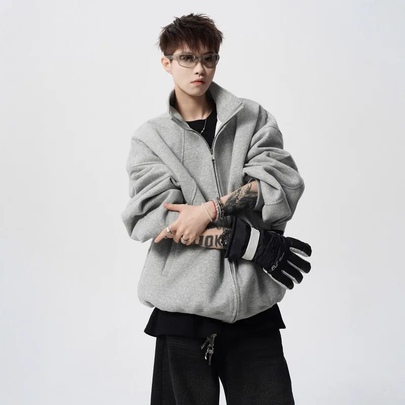 American Trendy Brand Cardigan Sweatshirt for Men in Autumn Irregular Splicing Stand Collar Coat Casual Sports Jacket