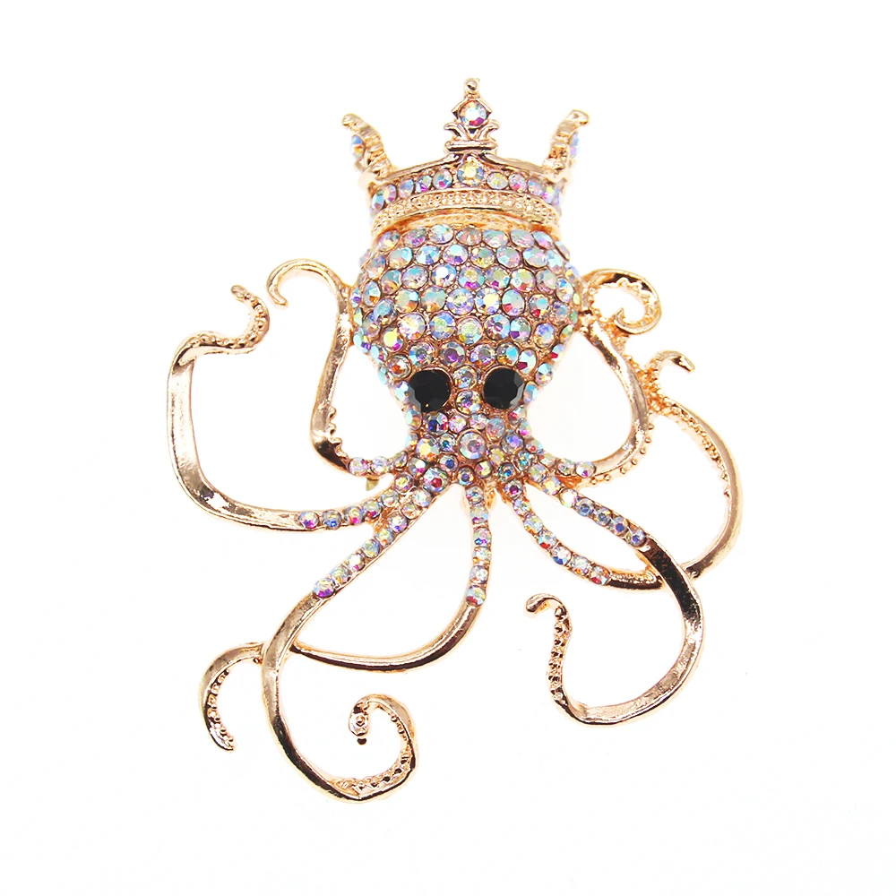 10PCS Luxury Crystal Light Gold Plated Octopus Shape Brooch Pin Rhinestone Sea Life Brooches