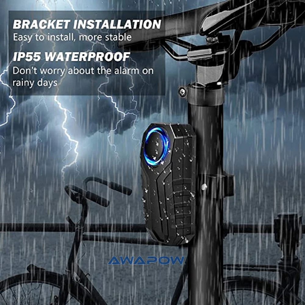 Awapow Anti Theft Bicycle Alarm 113dB Vibration Remote Control Waterproof Alarm With Fixed Clip Motorcycle Bike Safety System