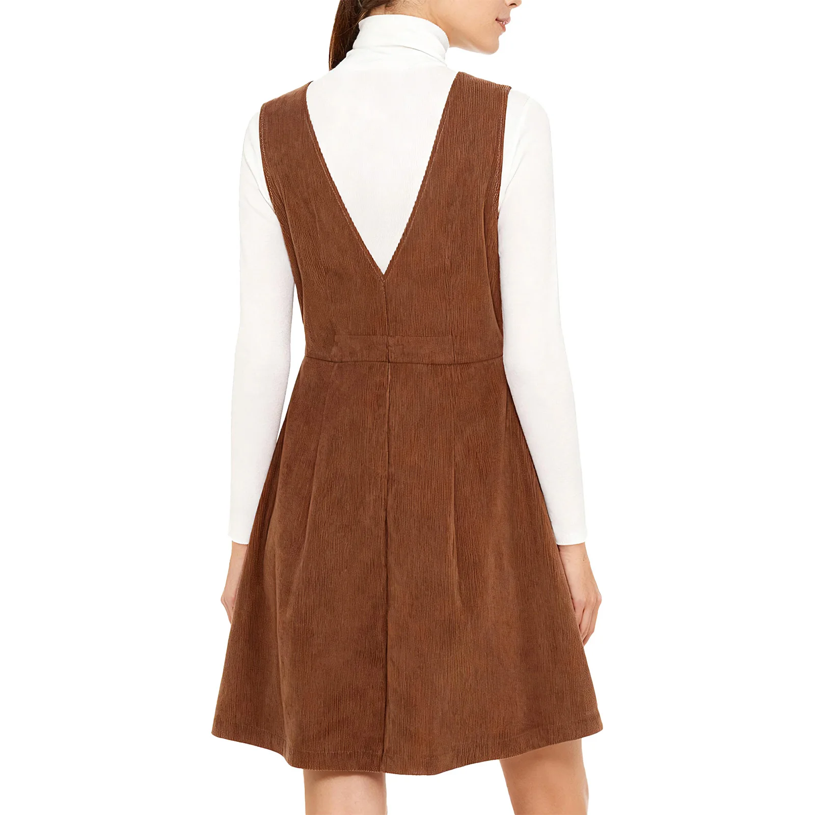 여성 레트로 코듀로이 탱크 드레스 기본 브이넥 프레싱 버튼 프론트 패치 포켓 드레스 데일리 오피스 쇼핑 데이트용