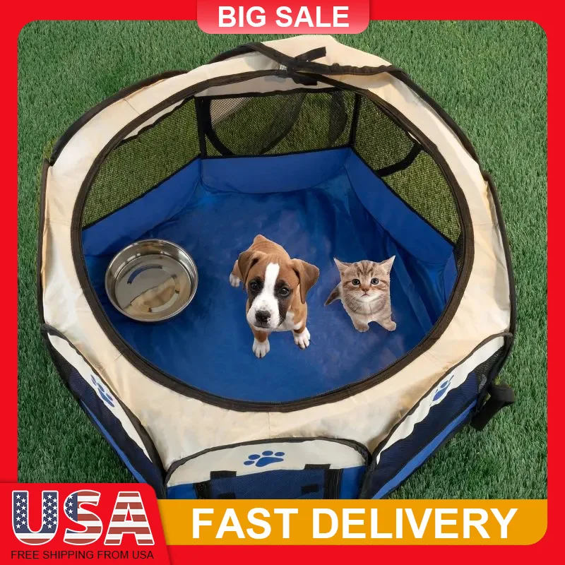 

26 Inch Pop Up Pet Playpen Indoor Outdoor Dog Kennel Portable Enclosure with Carrying Bag Removable Roof Water Resistant