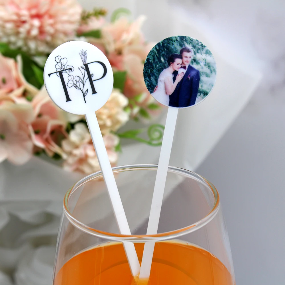 

50pcs Personalised Print Photo Round Drink Stirrers Wedding Decorations Bachelorette Party Cocktail Stirrer Baby Shower Decor