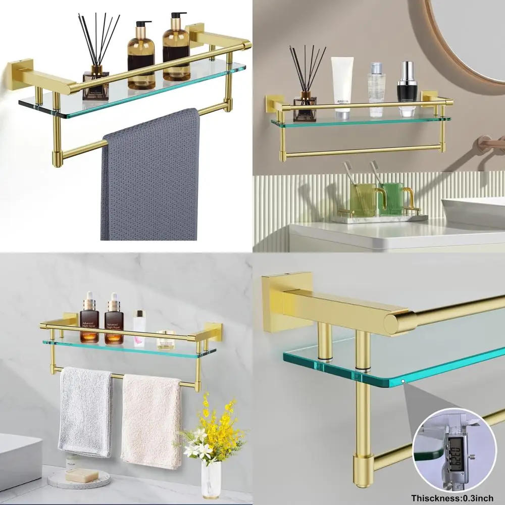 

Stainless Steel Wall-Mounted Bathroom Glass Shelf with Towel Rack Organizer for Enhanced Storage and Tempered Glass Durability