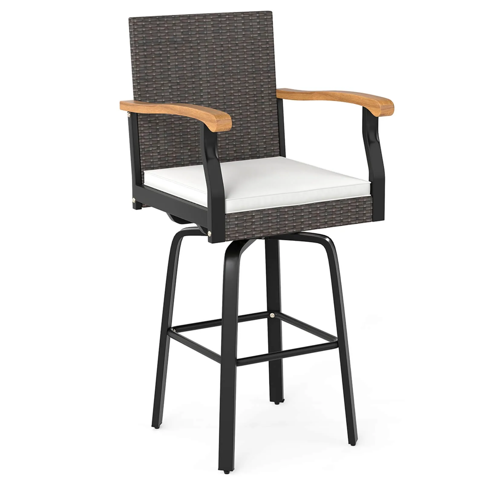 

Уличная плетеная мебель 360 ° Вращающийся барный стул со съемными подушками-подставками для ног