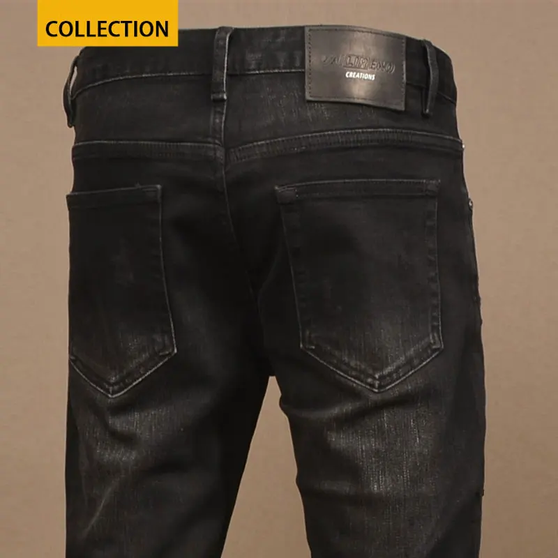 Jeans rasgado vintage com ajuste magro masculino, calça lápis, jeans elástico, preto, elástico, casual, moda recém-estilista