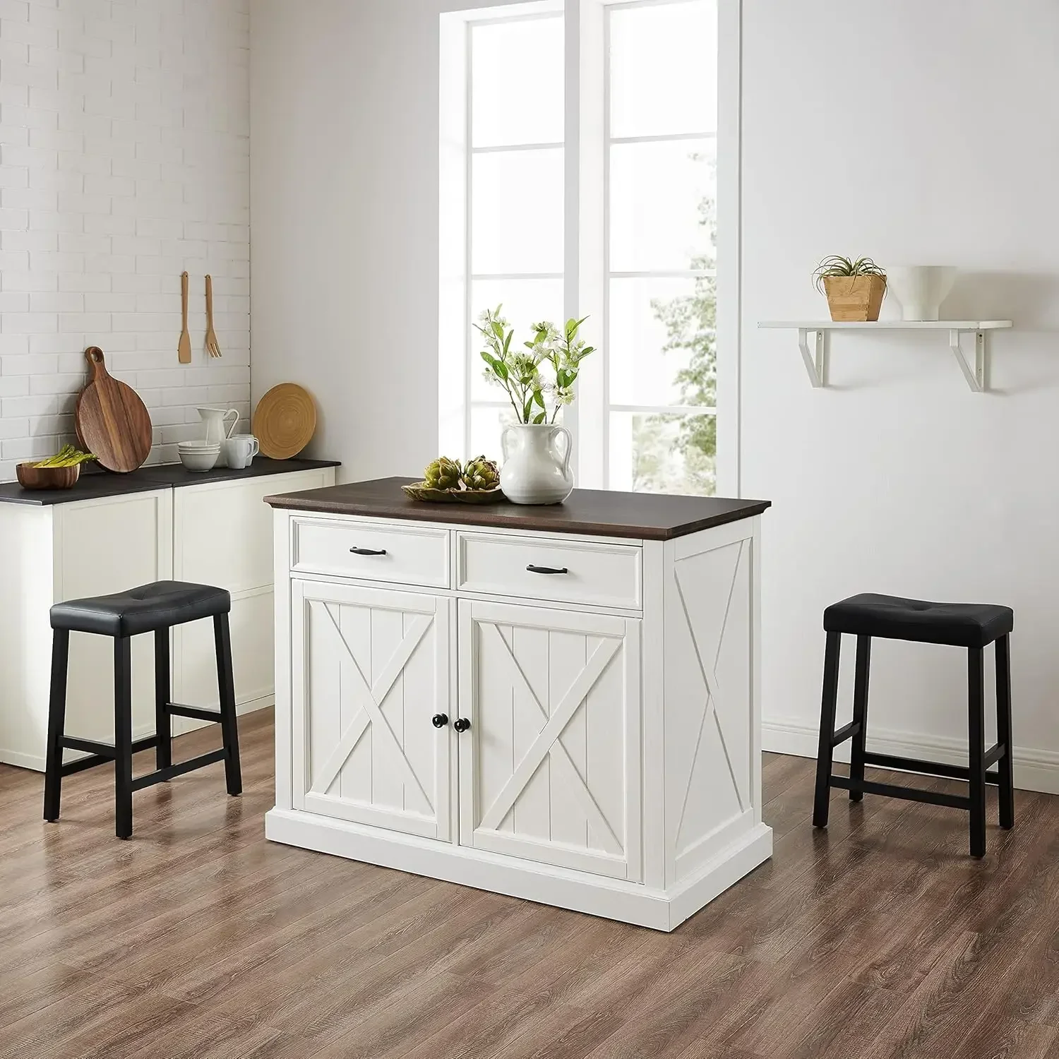 

Clifton Kitchen Island with Upholstered Saddle Stools, Distressed White/Black